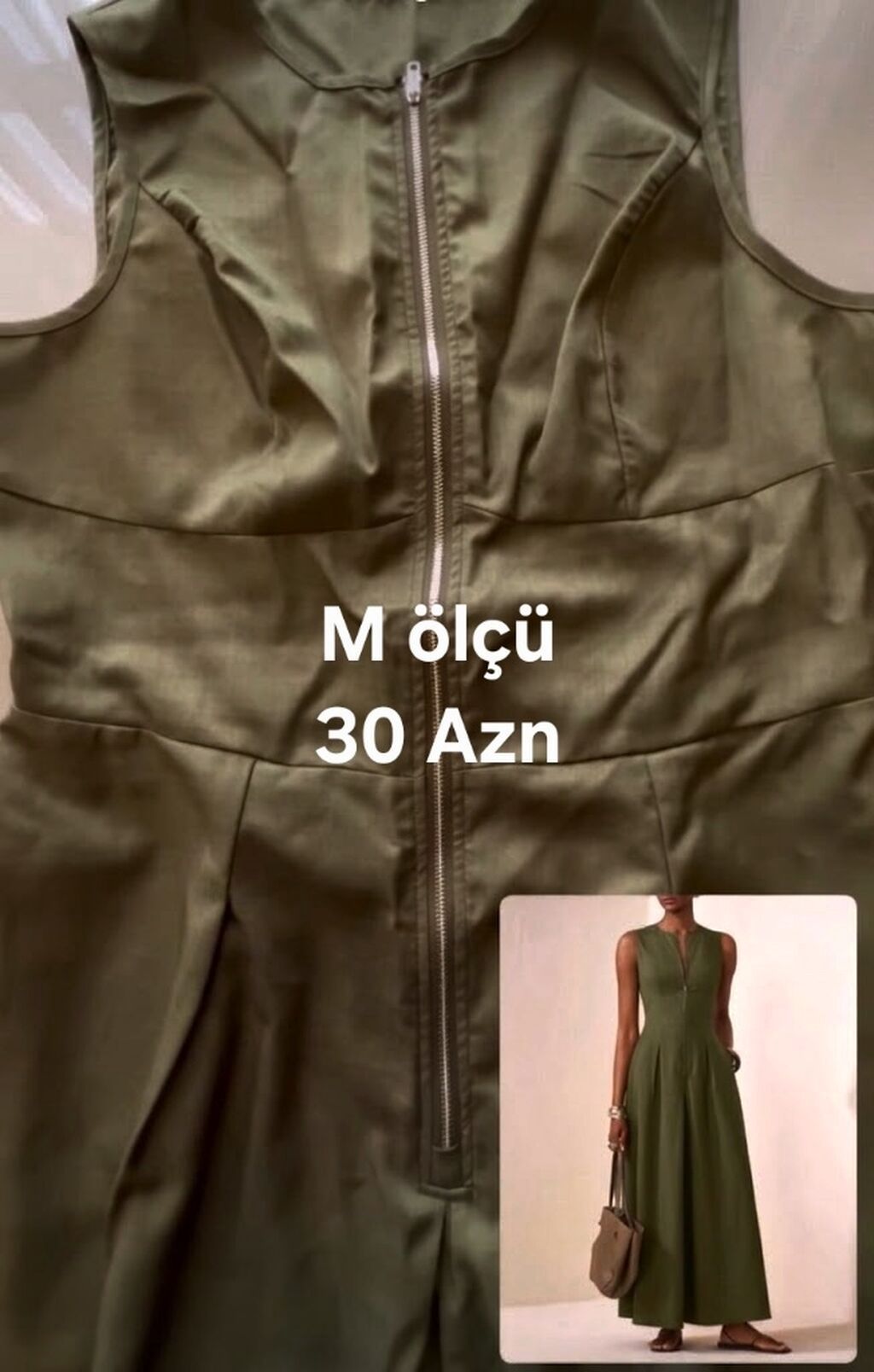 Zeytun-yaşıl rəngdə maxi don - Model: ön hissədə fermuarlı, qolsuz — Şəxsi əşyalar, Bakı